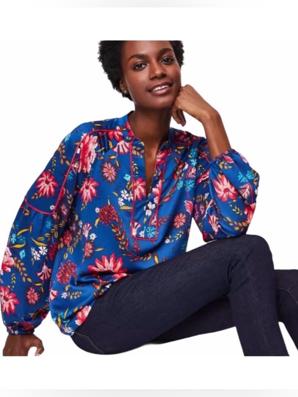 LOFT Wildflower Blue Satin Long Sleeve Blouse